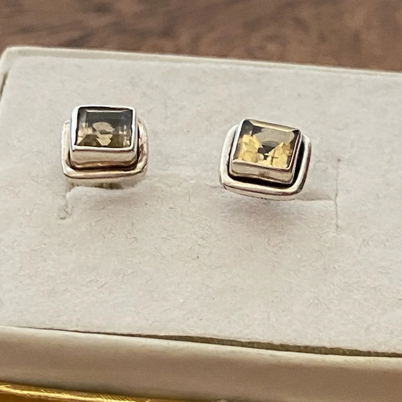 Vintage 925 Sterling Silver Citrine Gemstone Square Stud Earrings - Picture 6 of 15